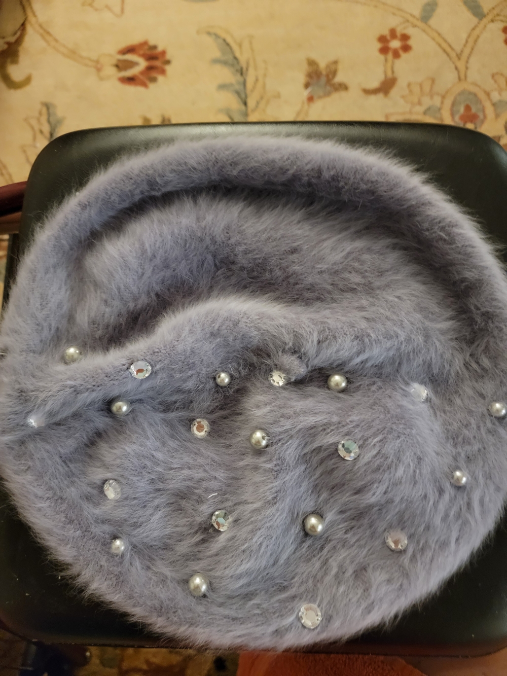 Steinmark Grey Fuzzy Beret with Pearl & Crystal Accents